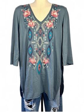 JWLA Johnny Was Joy Love Light Embroidered Tunic Top XL Boho Western Cotton
